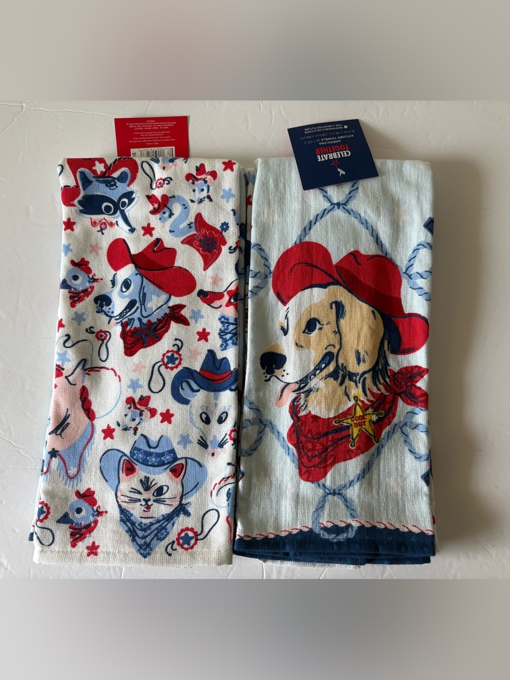 Kitchen Towels Americana Western Dog Animals Cats Cowboy Hats 2 Sets NEW - Picture 2 of 6